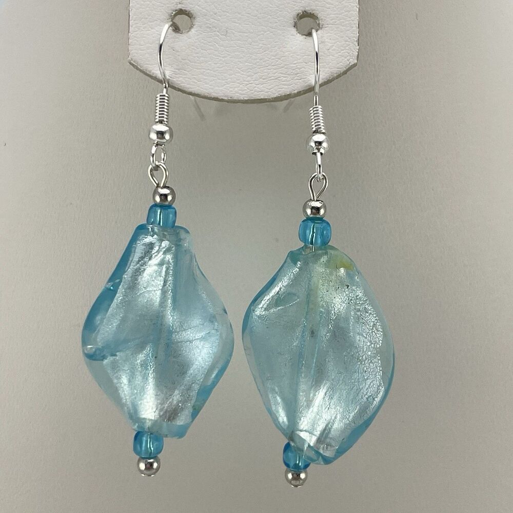 Stunning Boho Blue Foil Glass Beaded Dangle Earrings Silver Tone Statement Boho
